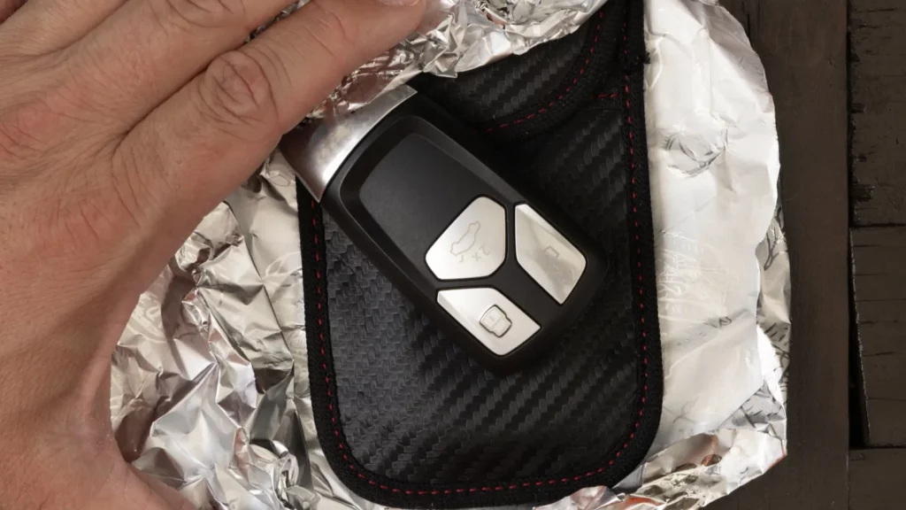 a man wraps his car keys in silver foil trying