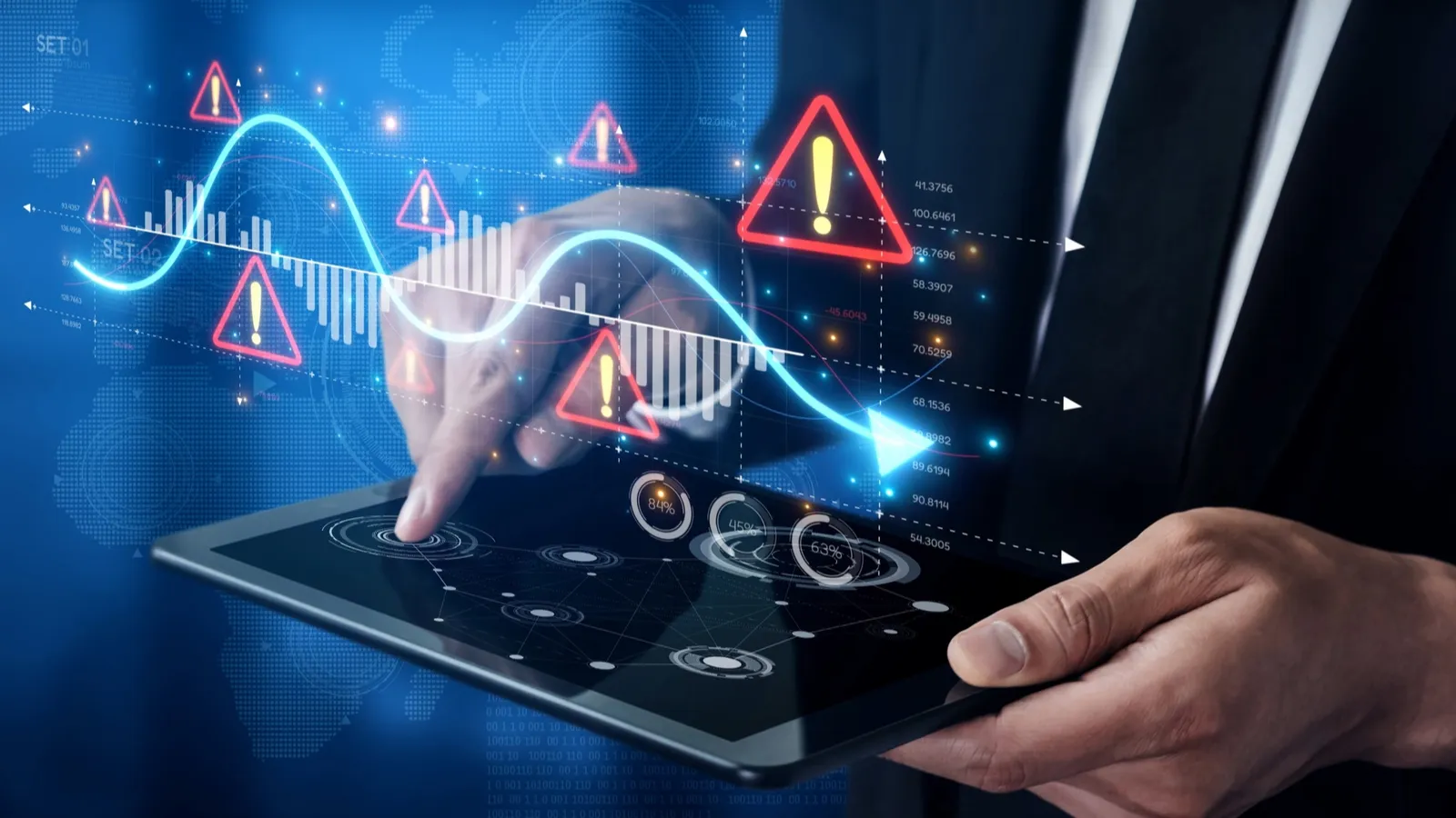 An economic caution visual showing risk alerts and financial volatility warning
