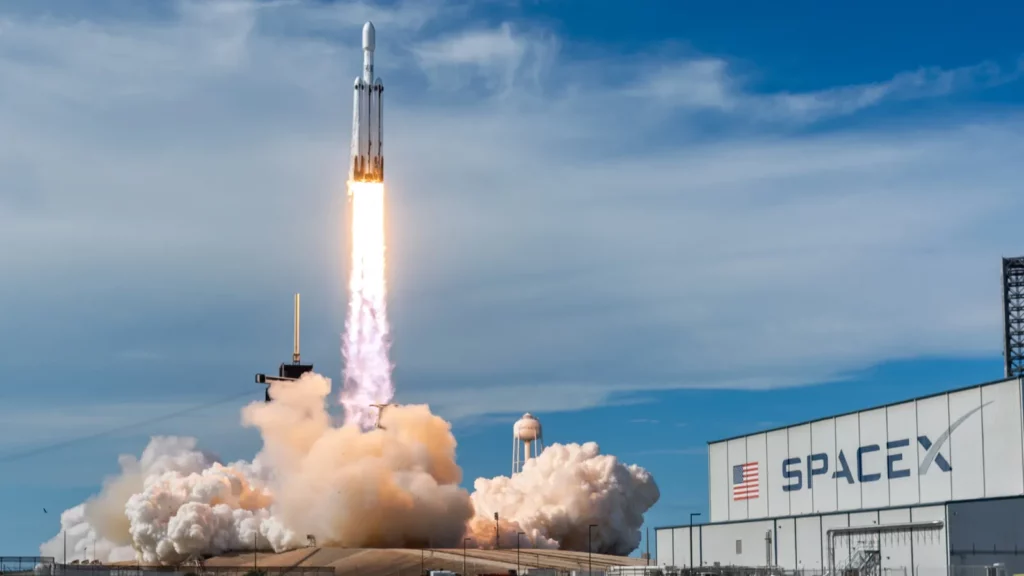 SpaceX falcon heavy is seen launching.